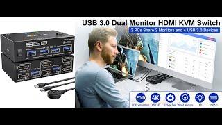 KCEVE USB 3.0 Dual HDMI KVM Switch Support 4K@60Hz for 2 Computers Share 2 Monitors 1 Keyboard Mouse