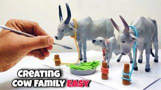 Sculpting clay: Making Cow Family with clay Easy / Clay Animals Art