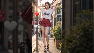 AI Lookbook Quickness Test #57 - Street White T-shirt + Red Pleated Skirt Female Model l Game