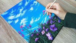 Рисуем весенний пейзаж акриловыми красками на холсте. Как нарисовать цветок КОСМЕЯ.