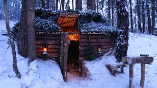 Built a warm SHELTER bushcraft in the middle of the Winter Forest