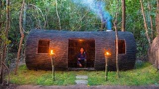 Girl Living Off Grid, Build The Most Beautiful Artificial Giant Wood Log House in the Jungle