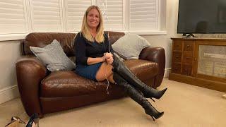 It’s my black leather over the knee boots for some videos with denim skirt and tan tights pantyhose
