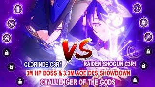 Clorinde C3R1 vs Raiden Shogun C3R1 DPS Showdown : 3M HP Boss & 3.3M AOE | Challenger of the Gods