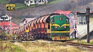 Rail traffic in northeastern Bosnia - Heavy industry freight trains - EMDG16 diesel locomotives [4K]