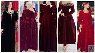 Long velvet dress design/New stylish and long outfit velvet winter clothes design 2025لباس مخمل دراز