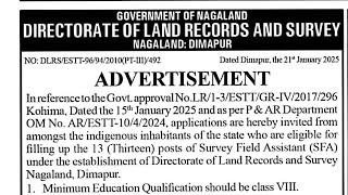 Government Job 13 post for Class 8 Pass | Directorate of Land Records and Survey, Dimapur