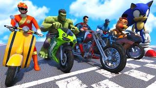SUPERMAN, DEADPOOL & IRONMAN with ALL Superheroes Racing Motorcycles Event Day Competition Challenge