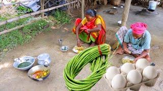 vegetables Egg Curry and jute leaves recipe cooking and eating by our santali tribe grandmaa