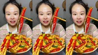 Yummy Spicy Food Mukbang, Fried Pig Intestines With Bamboo Shoots And Chili, Spicy Hot Pot Malatang
