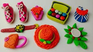 DIY How to make polymer clay miniature Mockup Set, Hand Clock, vanity bag, shoes, head cap, 03