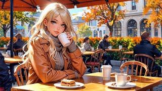 a cozy café, coffee in hand, autumn all around  lofi music, anime lofi, lofi jazz