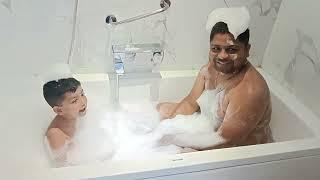 Bubble bath with dad #papa #son #magic #bubble #bubblebath #bathing #fun #bathtub