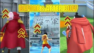 Before & After Buff Comparison of Luffy Roger & Jinbei in One Piece Bounty Rush OPBR