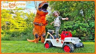 Catching pet dinosaur with Jurassic Park Power Wheels truck, T-Rex. Educational | Kid Crew