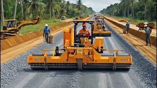 Showing a road construction site with machinery actively paving the road by a paver machine