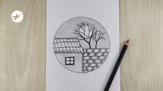 How to draw a realistic beautiful scenery | Scenery drawing in a circle step by step