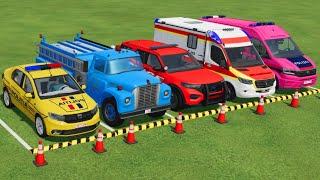 TRANSPORTING POLICE CARS, FIRE DEPARTMENT and AMBULANCE VEHICLES WITH TRUCKS TO THE GARAGE ! FS22