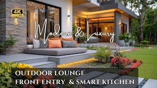 Modern Luxury Home with Stylish Outdoor Lounge, Elegant Front Elevation & Smart Kitchen Organization