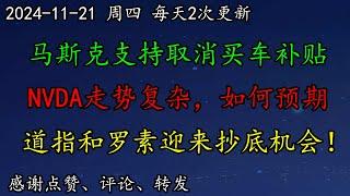 美股 TSLA马斯克支持取消买车补贴，为什么？NVDA今日走势复杂，如何预期？道指和罗素迎来抄底机会！SOXL应这么思考。AI有潜在风险，知名人士建议立法！SMCI、AVGO