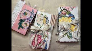 Wren & Sparrow - Two Bird Themed Fabric Cover Flip Journals & Rose, A Whimsical Hand Painted Journal