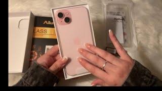  ASMR ~ Unboxing my pink Iphone 15 plus + putting on accessories | No Talking