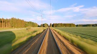 Summer Morning Train Ride Sweden | Front Nose View and Outside Sounds (4K, 3D Stereo, Train Slow TV)