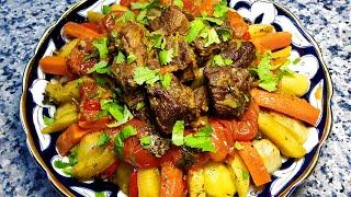 Говядина тушеная с овощами в казане. Димлама  Beef with vegetables in the Uzbek style