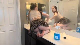 Cleaning Mirrors in Bathroom - No Bra No Panties