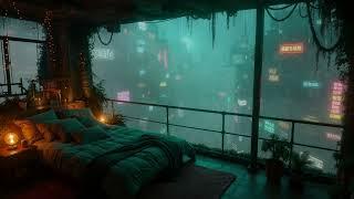 Rainy Cyberpunk Balcony | Sci-Fi Ambience with Rain & Dark Ambient Music For Relaxing | 24 hrs