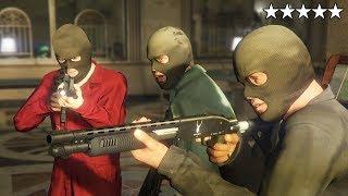 GTA 5 - Bank robbery with Michael, Franklin and Trevor! (Escape with money to Benny's Garage)