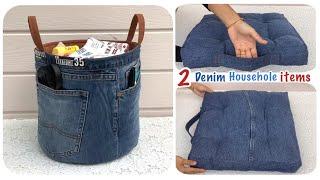 2 Household items from old jeans,denim laundry basket and chair cushion Idea household items for you