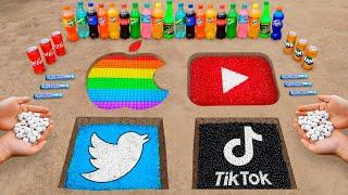 Apple, YouTube, Twitter, and Tik Tok Logo in the Hole with Orbeez, Popular Sodas & Mentos