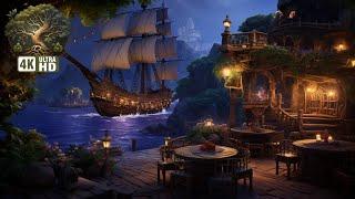 ‍️Pirate Tavern Terrace Ambience: Night Nature Sounds, Seashore Waves & Calm Ocean Breezes 