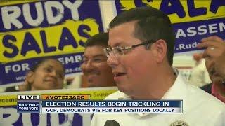 Jessica Harrington interviews Rudy Salas at Democratic watch party in Bakersfield