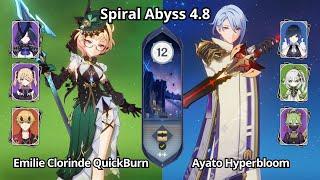 C0 Emilie Clorinde QuickBurn & C0 Ayato Hyperbloom - Spiral Abyss 4.8 Floor 12 Genshin Impact