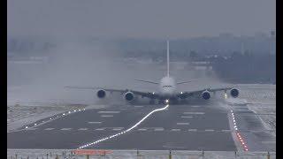 Airbus A380 Extreme weather crosswind landing and takeoff Lots of Snow spray