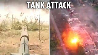 Ukrainian tank finds Russian hideout and blows warehouse to bits with close range blast