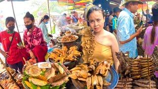 Cambodian street food, walking tour countryside delicious grilled frogs, fish chicken snail & more