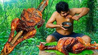 Survival In Jungle Roasted Buffalo Chicken BBQ Eating With Hot Spicy Chili Sauce So Delicious