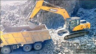 SANY SY 225 Excavator working and Tata prima loding treck quarry works