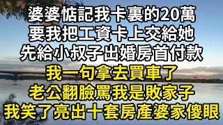 婆婆惦記我卡裏的20萬，要我把工資卡上交給她，先給小叔子出婚房首付款，我一句拿去買車了，老公翻臉罵我是敗家子，下一秒看著數十套房產證傻了眼 #小說聽書#情感故事#中老年故事