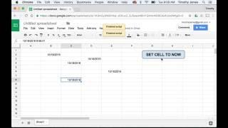 How can I create a button in Google Sheets that sets cells to today's date and time?