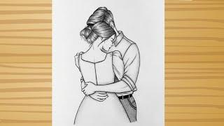 Cute Couple Hugging Drawing-Step by step drawing/Couple drawing easy/ Love Art/ Cute couple drawing