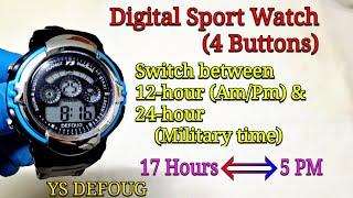 4 Buttons Digital Sport Watch | How to switch between 12-hour and 24-hour (military time) ?