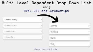 JavaScript Dependent Drop down list | Select Country State City Zip code Drop Down using JavaScript