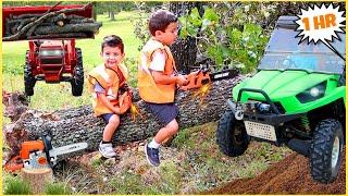 Chainsaw tractor compilation with kids tractor, toy chainsaw, power wheels truck, and real tractor