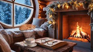 Winter Cozy Cabin in Snowfall Ambience  Crackling Fireplace & Snowstorm for Sleep and Relaxation