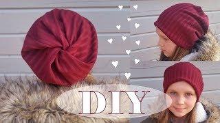 Beanie Hat DIY with an unusual top. No pattern! just rectangle of stretchy fabric. Quick and easy!