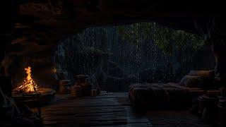 Deep Sleep in a Cozy Rainy Thunder Cave Bonfire Sounds and for Stress Relief, Peaceful Deep Sleep